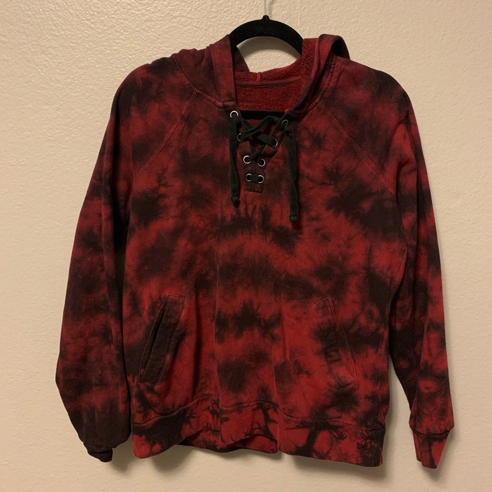 Goth tie dye hoodie with lace-up neckline detail